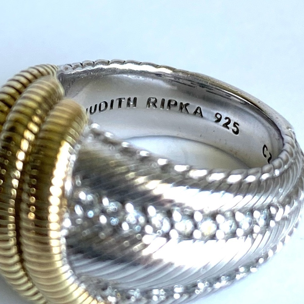 Judith Ripka Cocktail Ring Sterling Silver 14K Gold Faux Diamond Band Size 4.5 5 - Picture 4 of 9